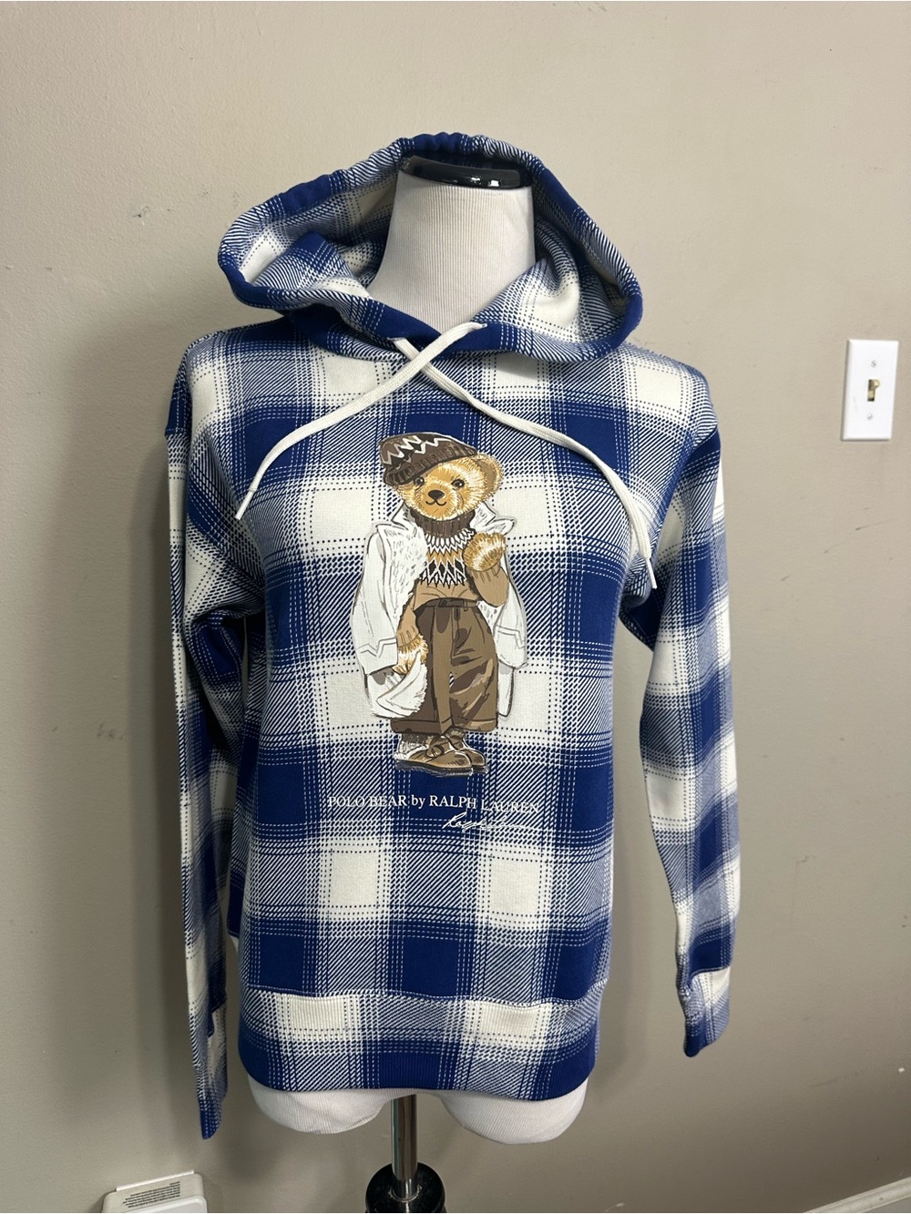 Polo Ralph Lauren women’s XS fleece hoodie Polo Bear Plaid Hooded Sweatshirt